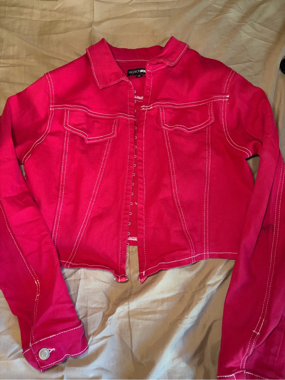 Fashion Nova Hot Pink Cropped Jean Jacket with White Contrast Stitching